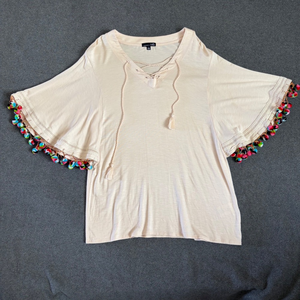 RXB Pom Pom Bell Sleeve Top Womens Small Cream Boho Lace Up Tassel Excellent